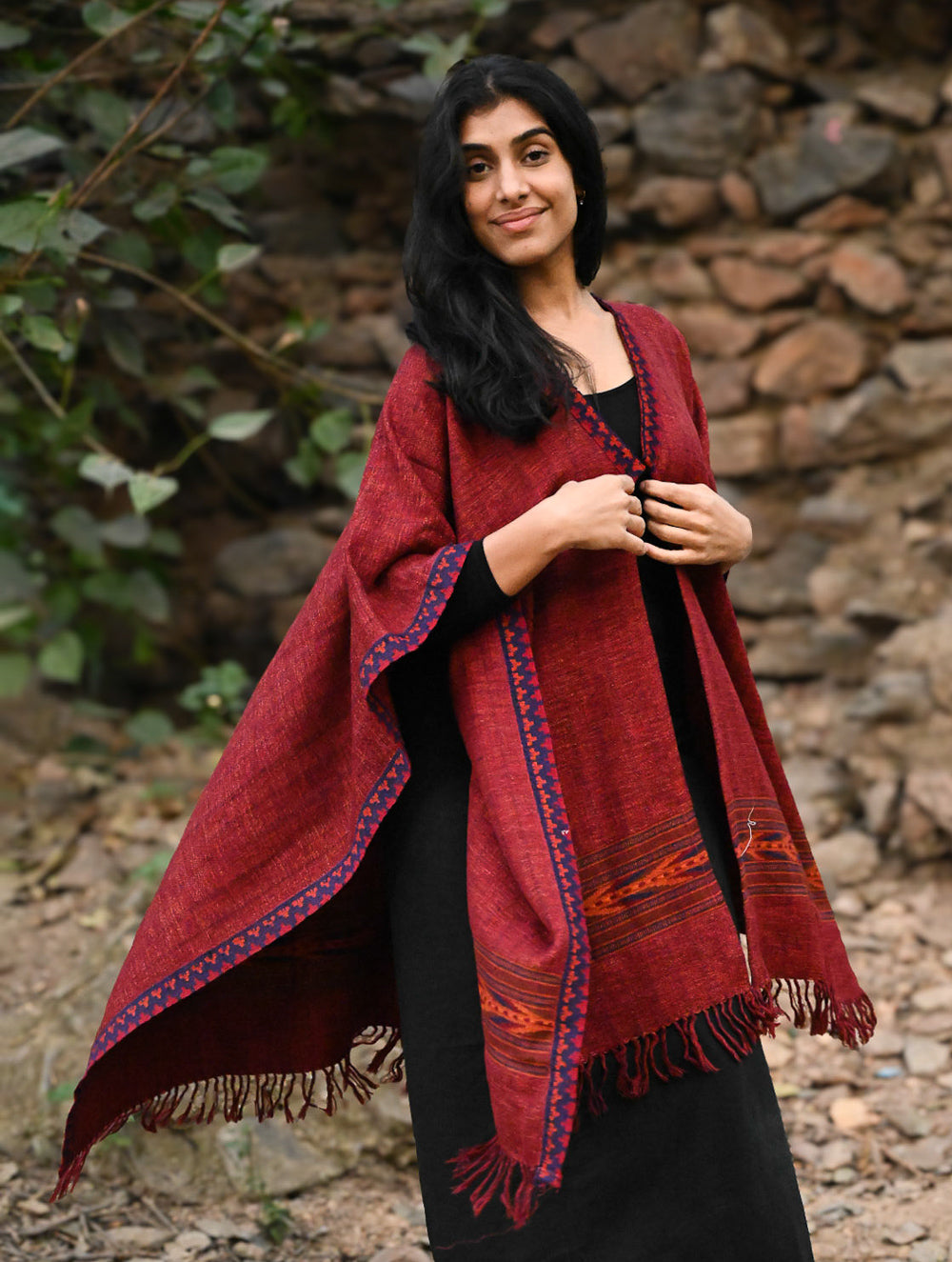 Load image into Gallery viewer, Exclusive Soft Himachal Wool Poncho with Woven Border - Plum Spice