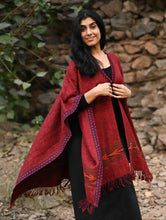 Load image into Gallery viewer, Exclusive Soft Himachal Wool Poncho with Woven Border - Plum Spice