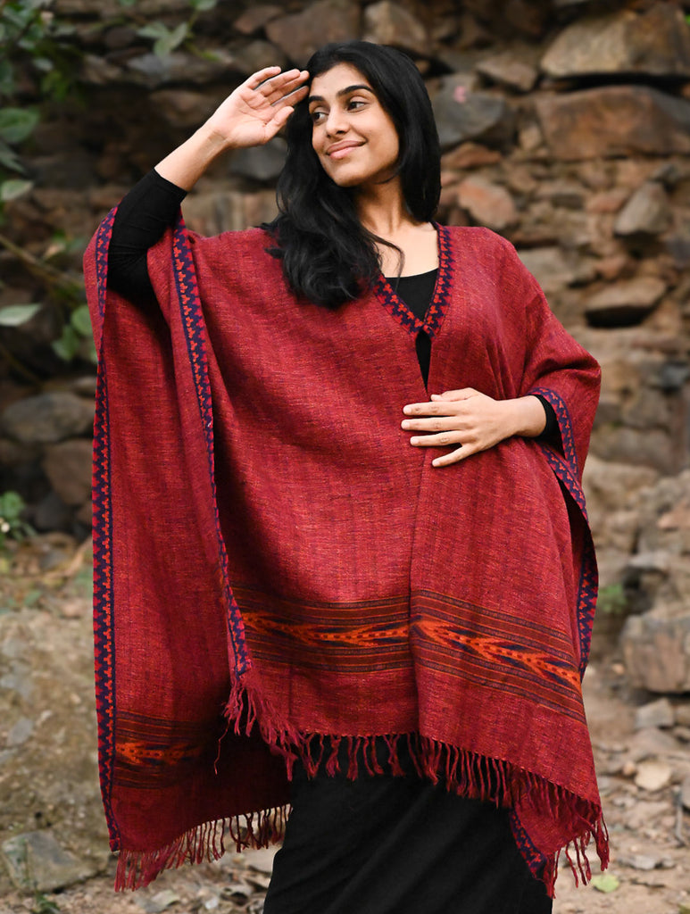 Exclusive Soft Himachal Wool Poncho with Woven Border - Plum Spice