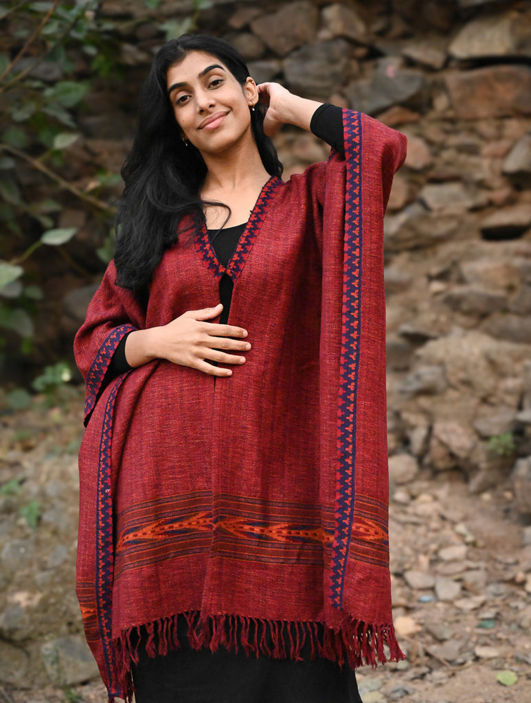 Exclusive Soft Himachal Wool Poncho with Woven Border - Plum Spice