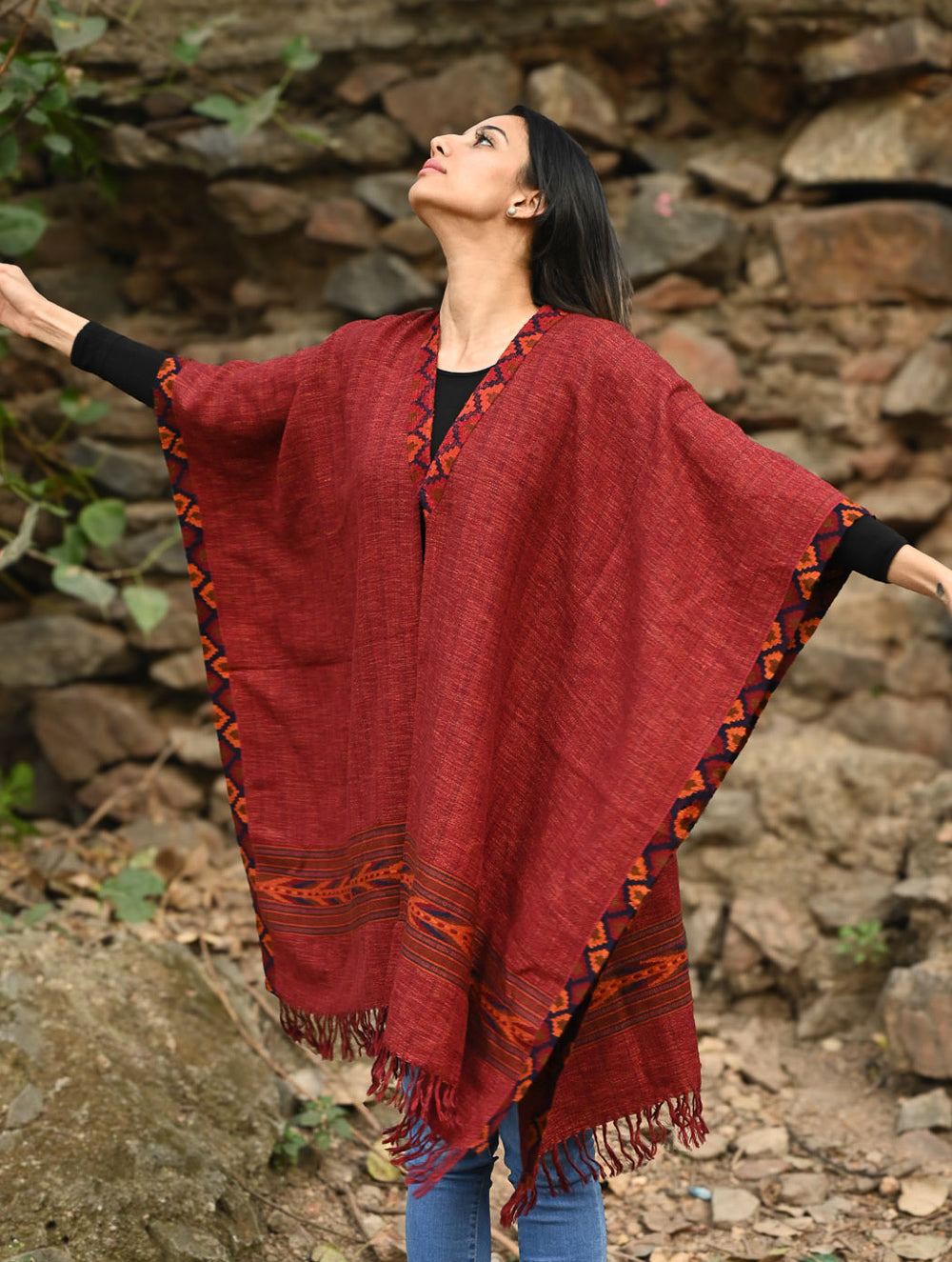 Exclusive Soft Himachal Wool Poncho with Woven Border - Rose Garden
