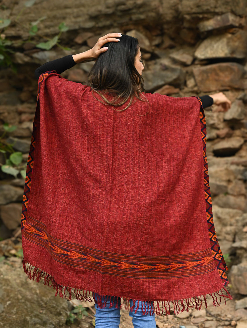 Load image into Gallery viewer, Exclusive Soft Himachal Wool Poncho with Woven Border - Rose Garden