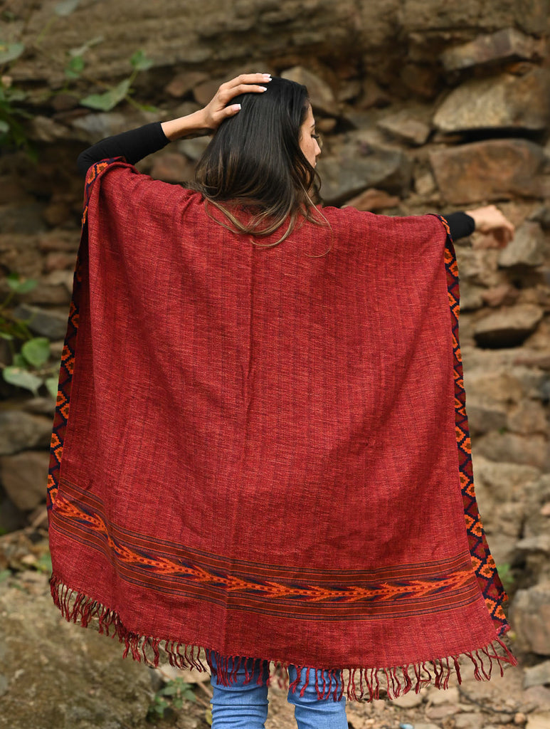 Exclusive Soft Himachal Wool Poncho with Woven Border - Rose Garden