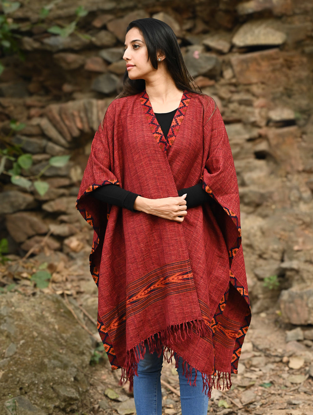 Exclusive Soft Himachal Wool Poncho with Woven Border - Rose Garden