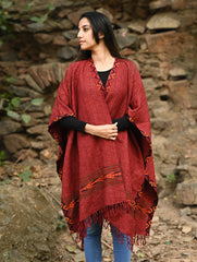 Exclusive Soft Himachal Wool Poncho with Woven Border - Rose Garden