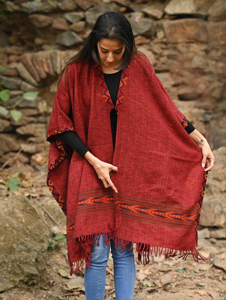 Exclusive Soft Himachal Wool Poncho with Woven Border - Rose Garden
