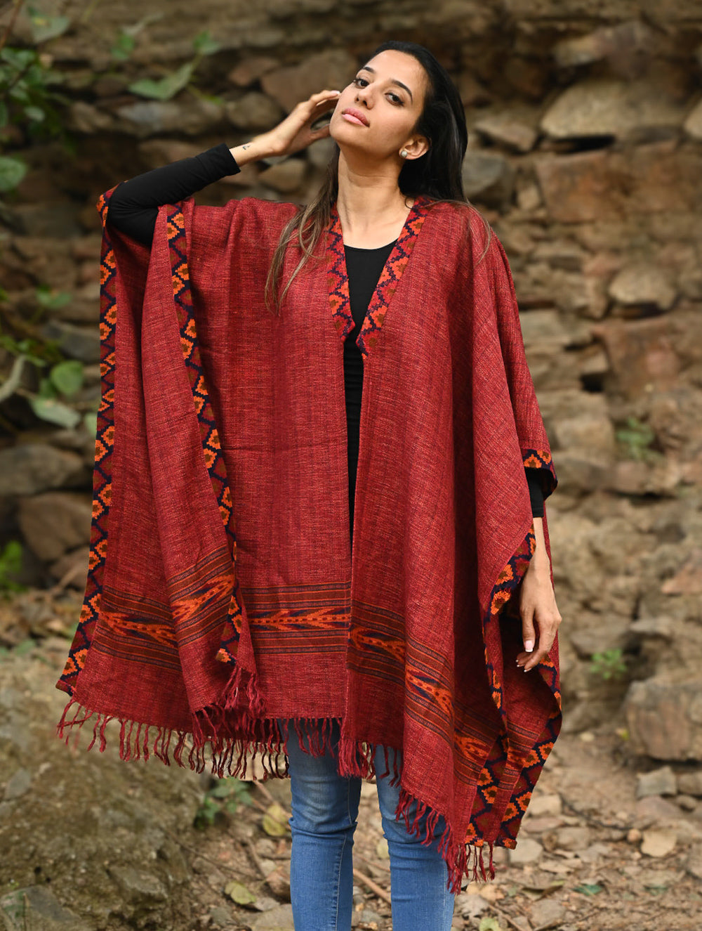 Exclusive Soft Himachal Wool Poncho with Woven Border - Rose Garden