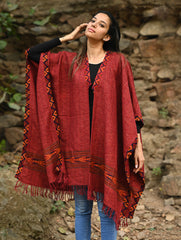Exclusive Soft Himachal Wool Poncho with Woven Border - Rose Garden