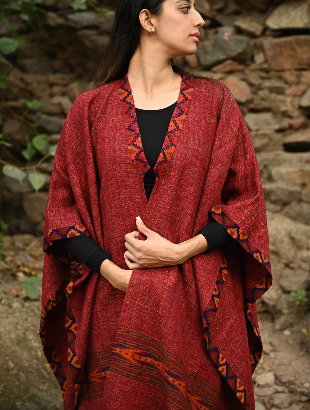 Exclusive Soft Himachal Wool Poncho with Woven Border - Rose Garden