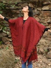 Exclusive Soft Himachal Wool Poncho with Woven Border - Rose Garden