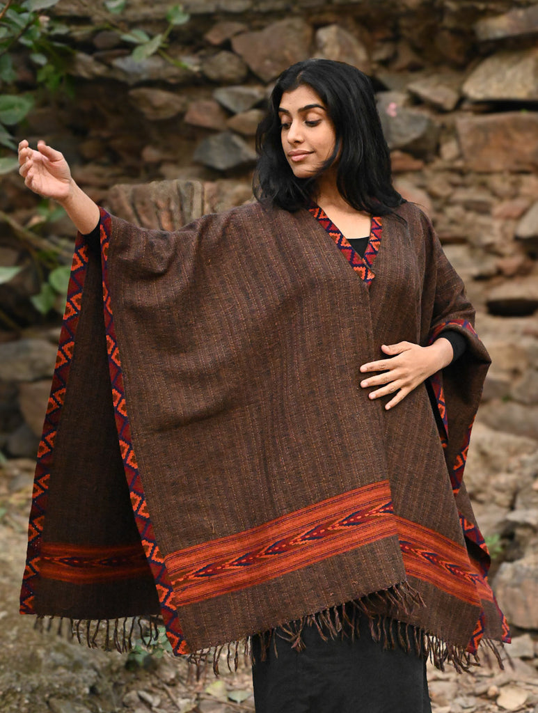 Exclusive Soft Himachal Wool Poncho with Woven Border - Rustic Mocha 