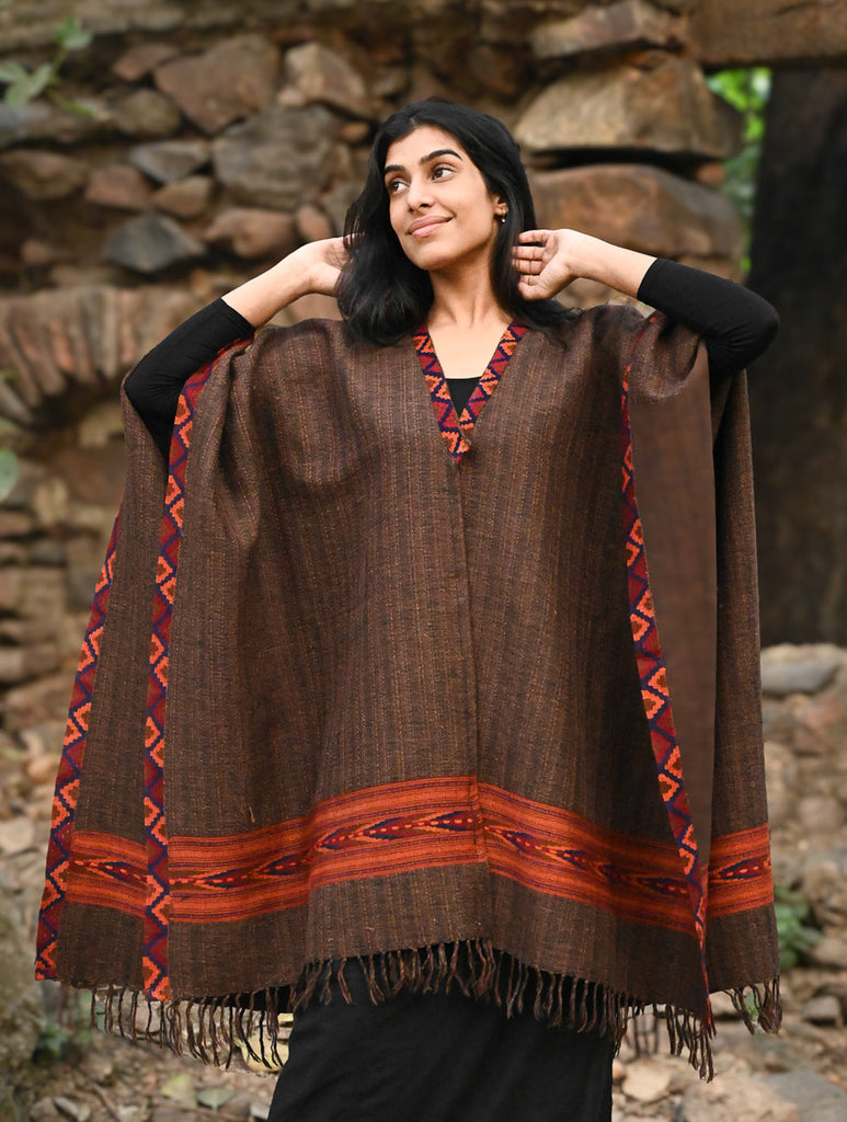 Exclusive Soft Himachal Wool Poncho with Woven Border - Rustic Mocha 