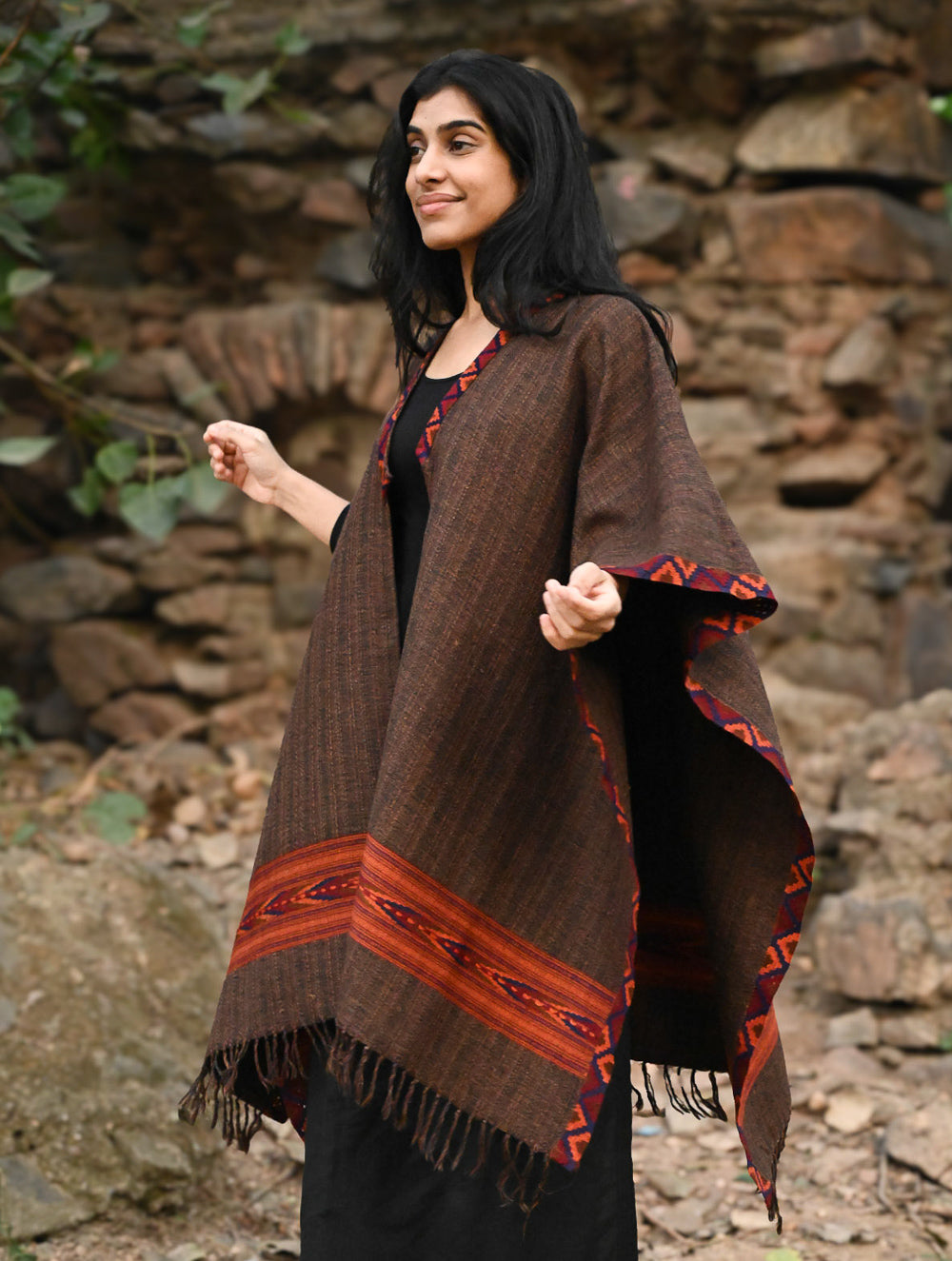 Load image into Gallery viewer, Exclusive Soft Himachal Wool Poncho with Woven Border - Rustic Mocha 