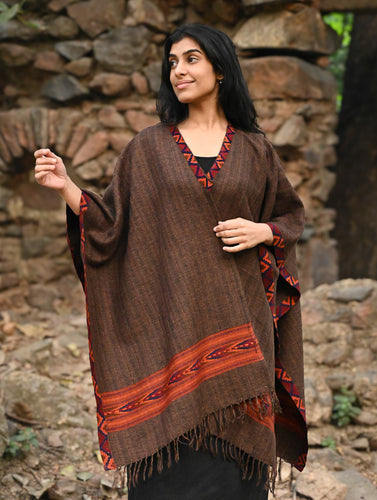 Exclusive Soft Himachal Wool Poncho with Woven Border - Rustic Mocha 