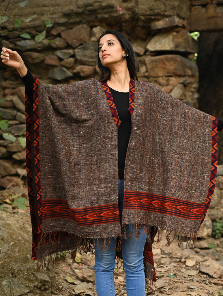 Exclusive Soft Himachal Wool Poncho with Woven Border - Rustwood