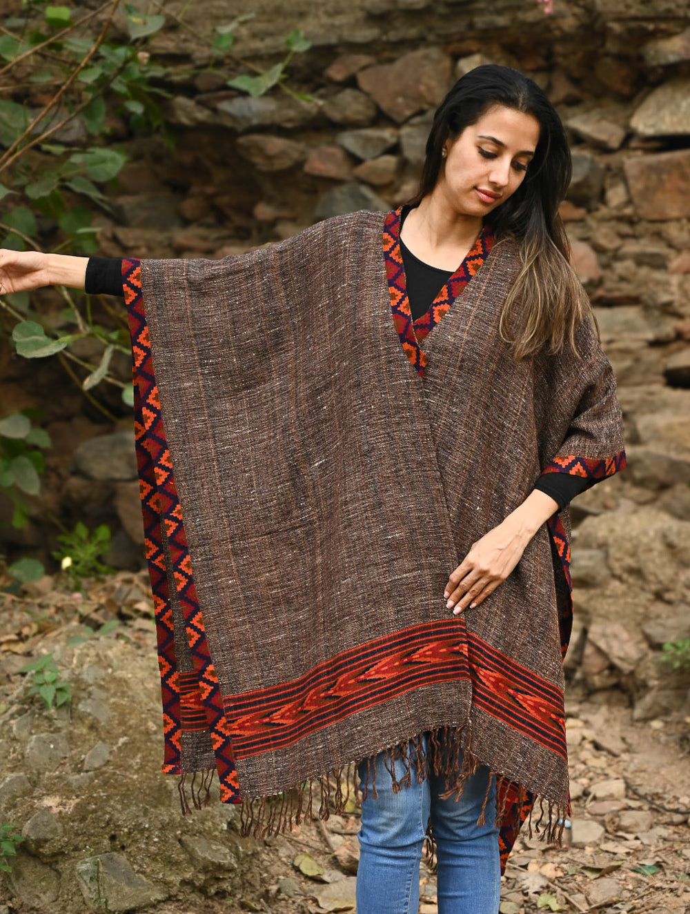 Load image into Gallery viewer, Exclusive Soft Himachal Wool Poncho with Woven Border - Rustwood