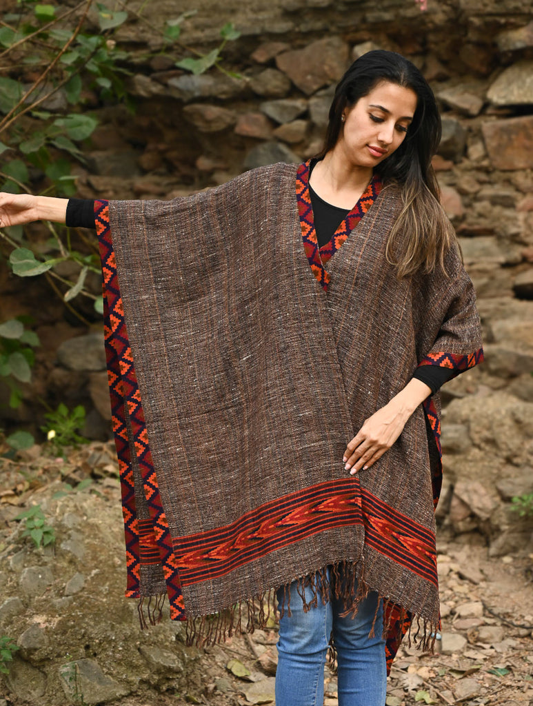 Exclusive Soft Himachal Wool Poncho with Woven Border - Rustwood