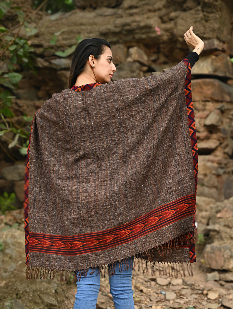 Exclusive Soft Himachal Wool Poncho with Woven Border - Rustwood