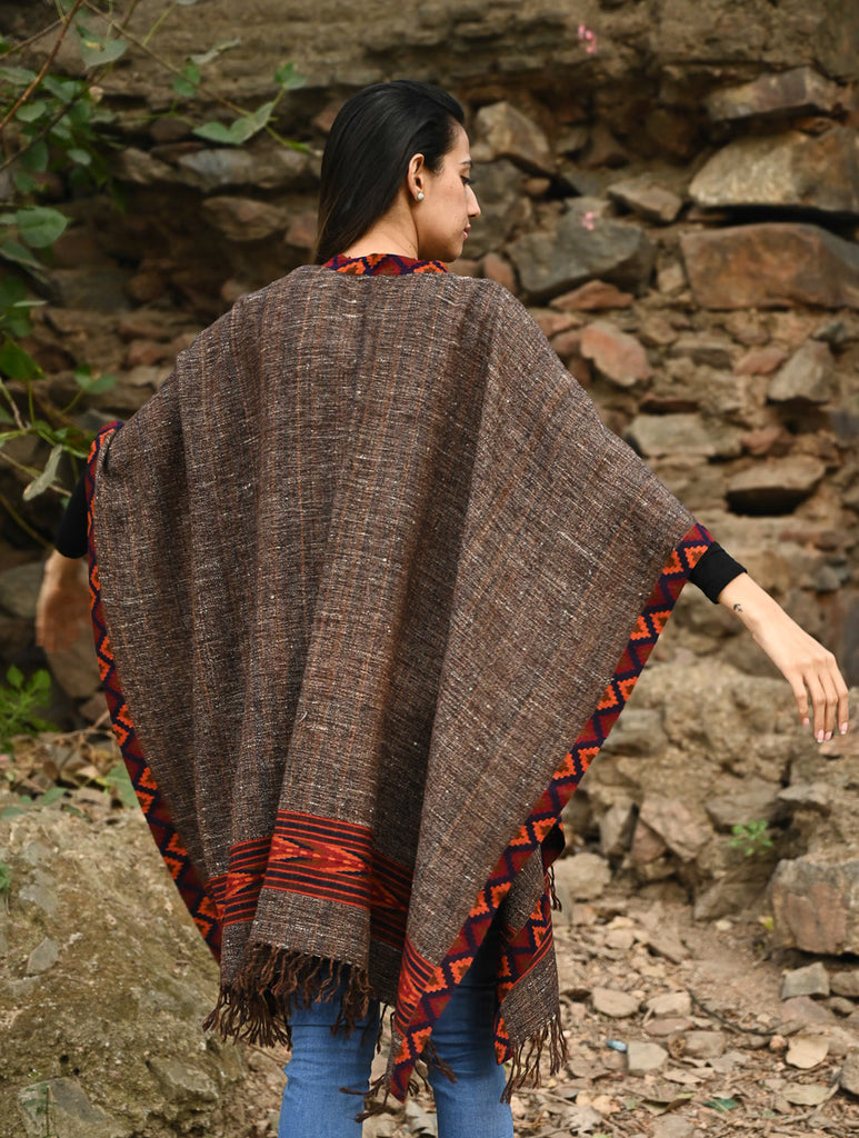 Exclusive Soft Himachal Wool Poncho with Woven Border - Rustwood