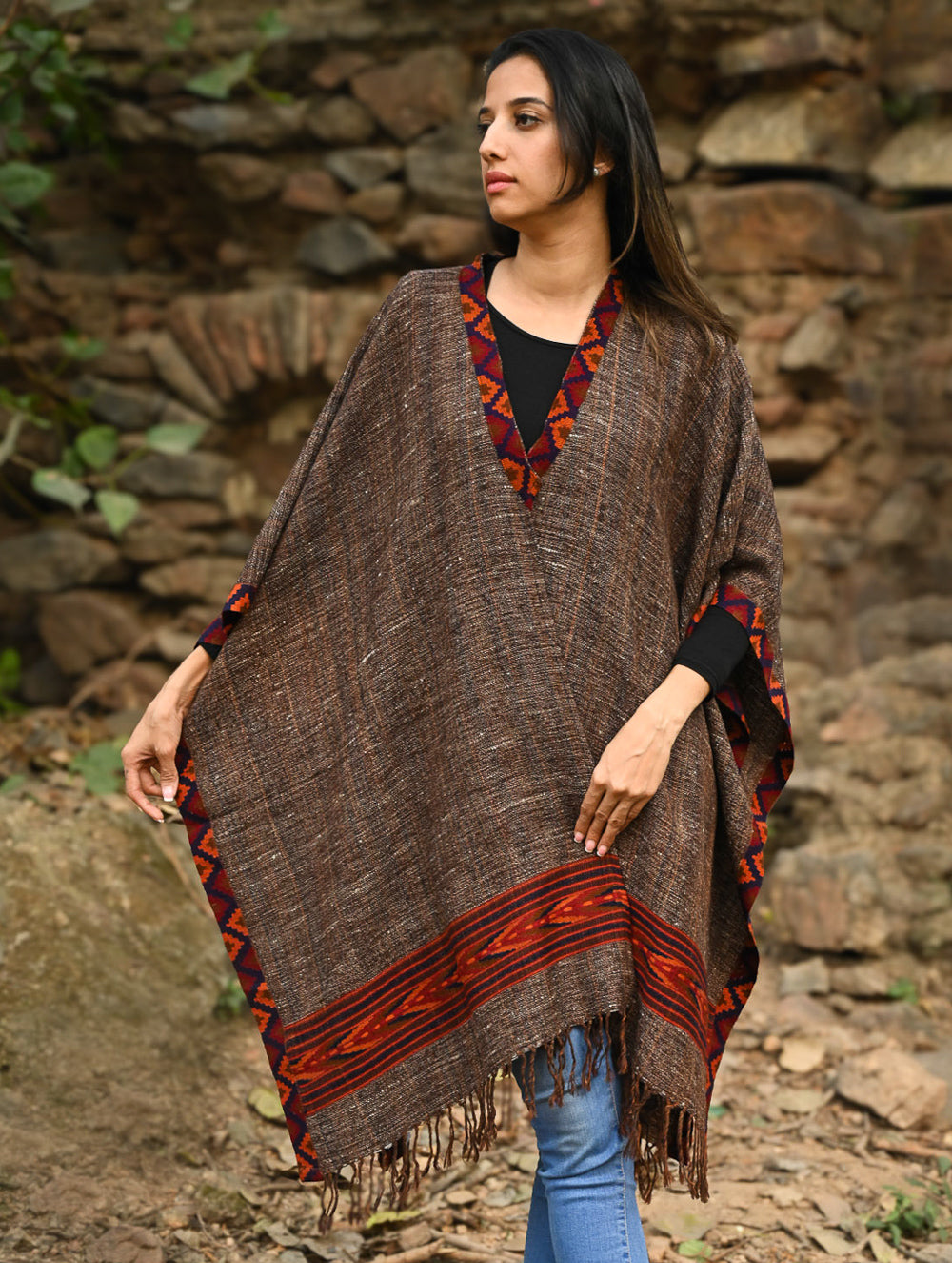 Load image into Gallery viewer, Exclusive Soft Himachal Wool Poncho with Woven Border - Rustwood