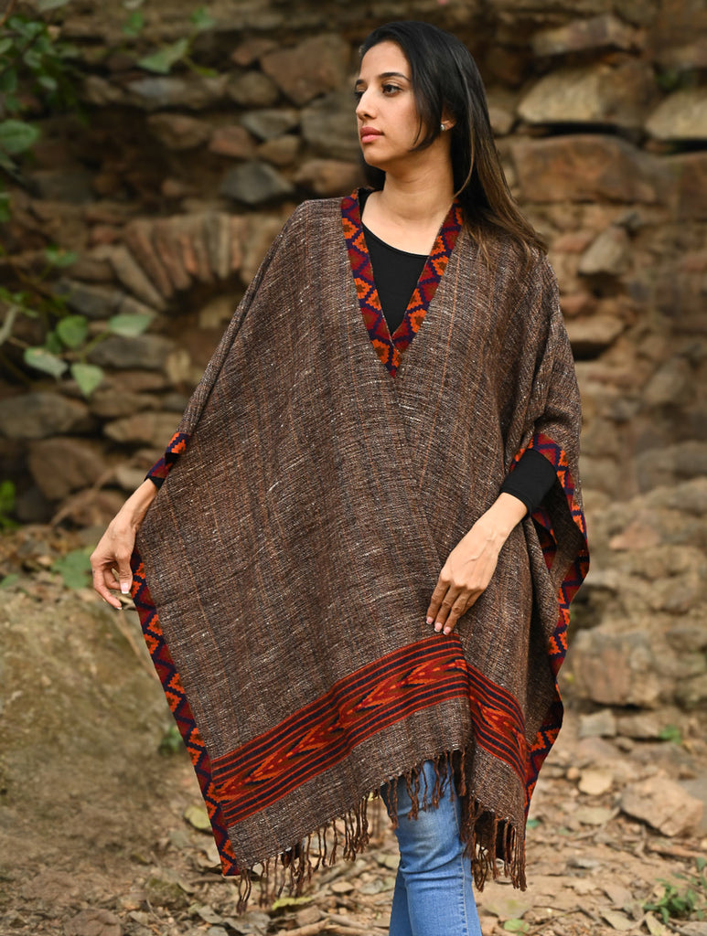Exclusive Soft Himachal Wool Poncho with Woven Border - Rustwood