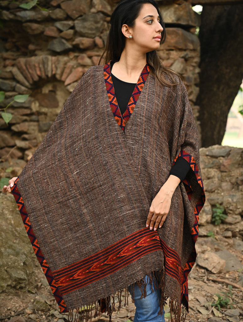Exclusive Soft Himachal Wool Poncho with Woven Border - Rustwood