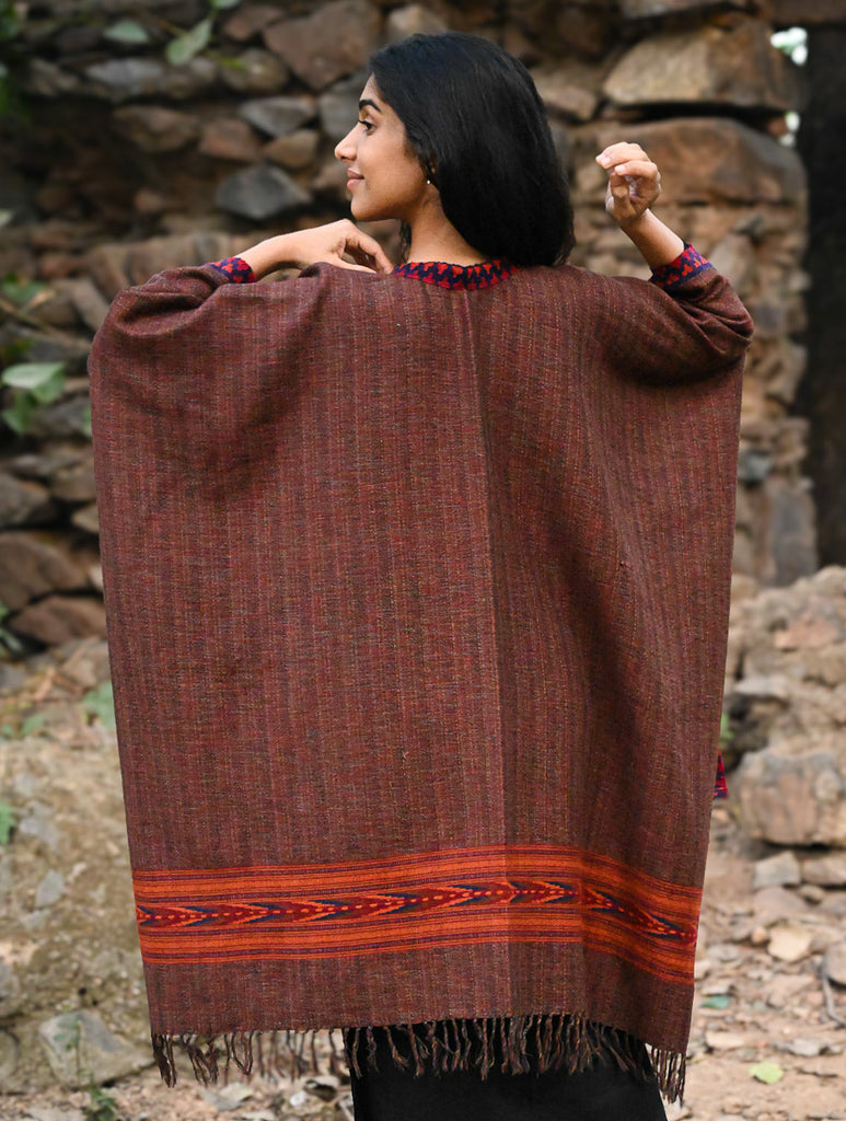Exclusive Soft Himachal Wool Poncho with Woven Border - Smoked Coffee
