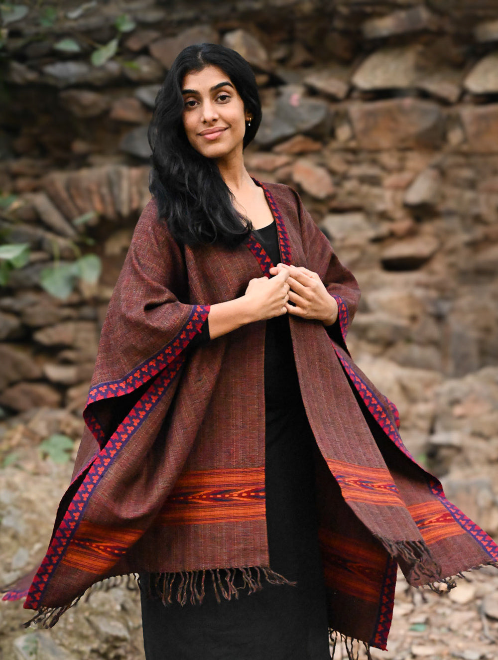 Load image into Gallery viewer, Exclusive Soft Himachal Wool Poncho with Woven Border - Smoked Coffee