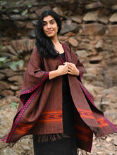 Load image into Gallery viewer, Exclusive Soft Himachal Wool Poncho with Woven Border - Smoked Coffee