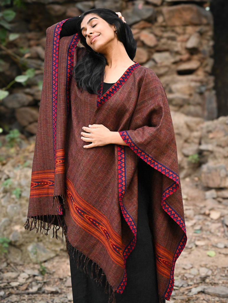 Exclusive Soft Himachal Wool Poncho with Woven Border - Smoked Coffee