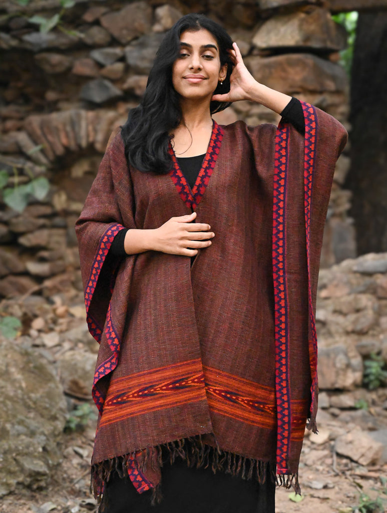 Exclusive Soft Himachal Wool Poncho with Woven Border - Smoked Coffee