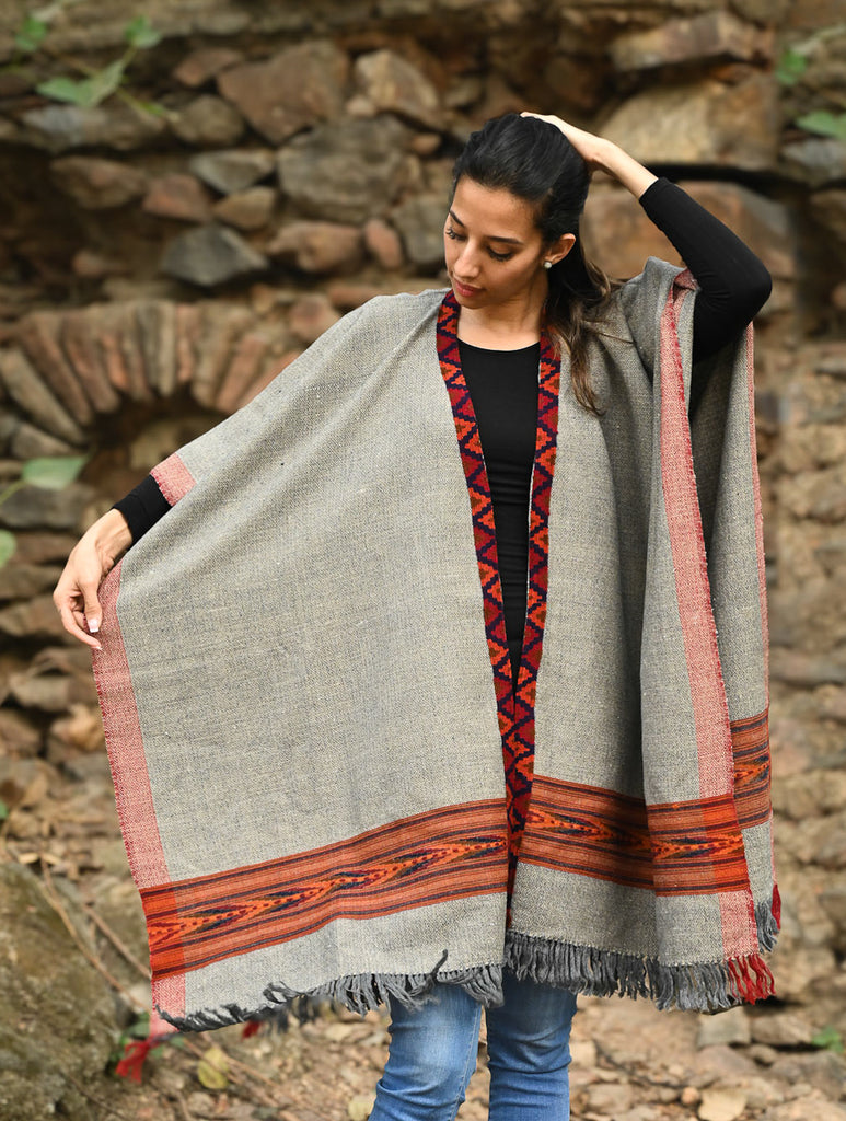 Exclusive Soft Himachal Wool Poncho with Woven Border - Stone Harvest