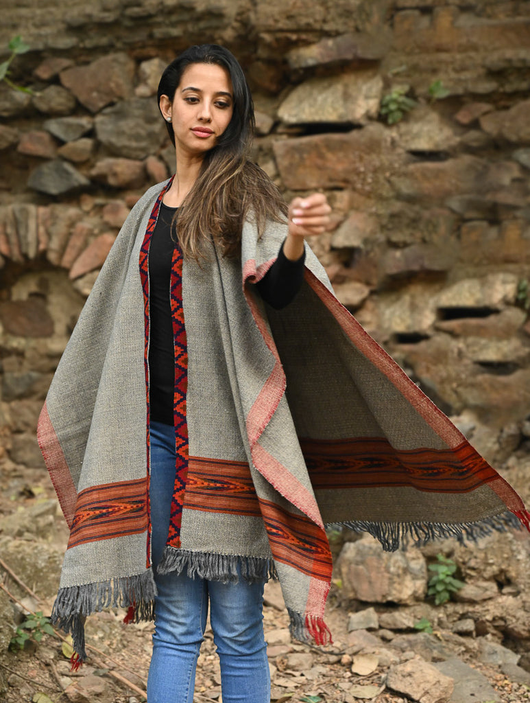 Exclusive Soft Himachal Wool Poncho with Woven Border - Stone Harvest