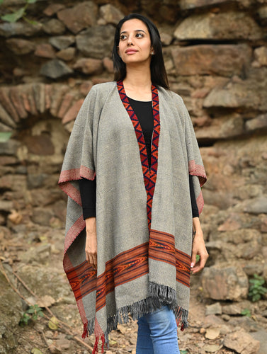 Exclusive Soft Himachal Wool Poncho with Woven Border - Stone Harvest
