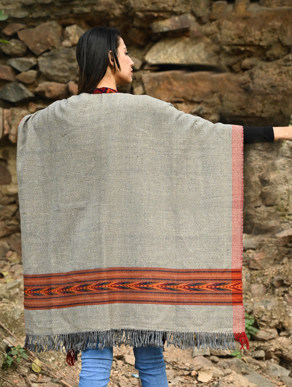 Load image into Gallery viewer, Exclusive Soft Himachal Wool Poncho with Woven Border - Stone Harvest