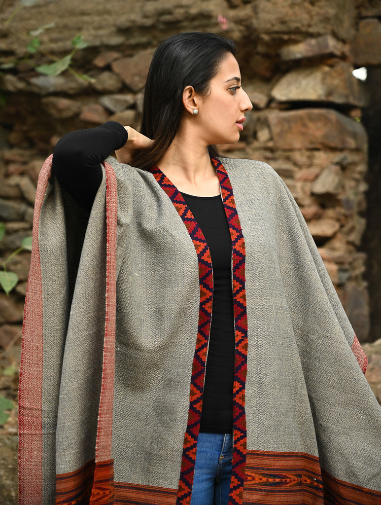 Exclusive Soft Himachal Wool Poncho with Woven Border - Stone Harvest