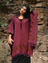 Load image into Gallery viewer, Exclusive Soft Himachal Wool Poncho with Woven Border - Winewood Stripes