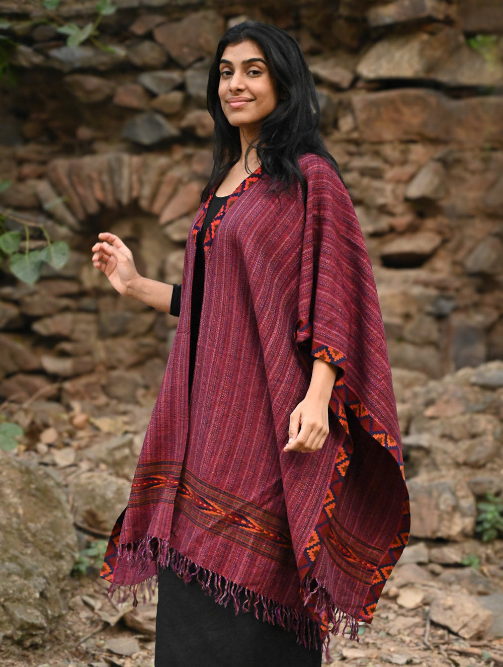 Exclusive Soft Himachal Wool Poncho with Woven Border - Winewood Stripes