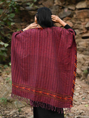 Exclusive Soft Himachal Wool Poncho with Woven Border - Winewood Stripes
