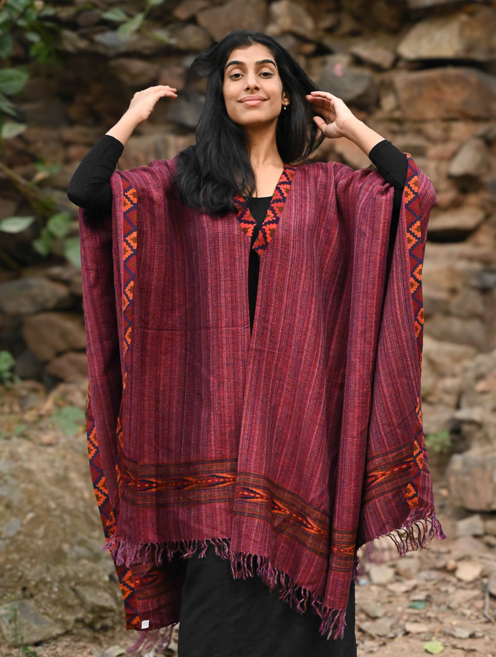 Exclusive Soft Himachal Wool Poncho with Woven Border - Winewood Stripes