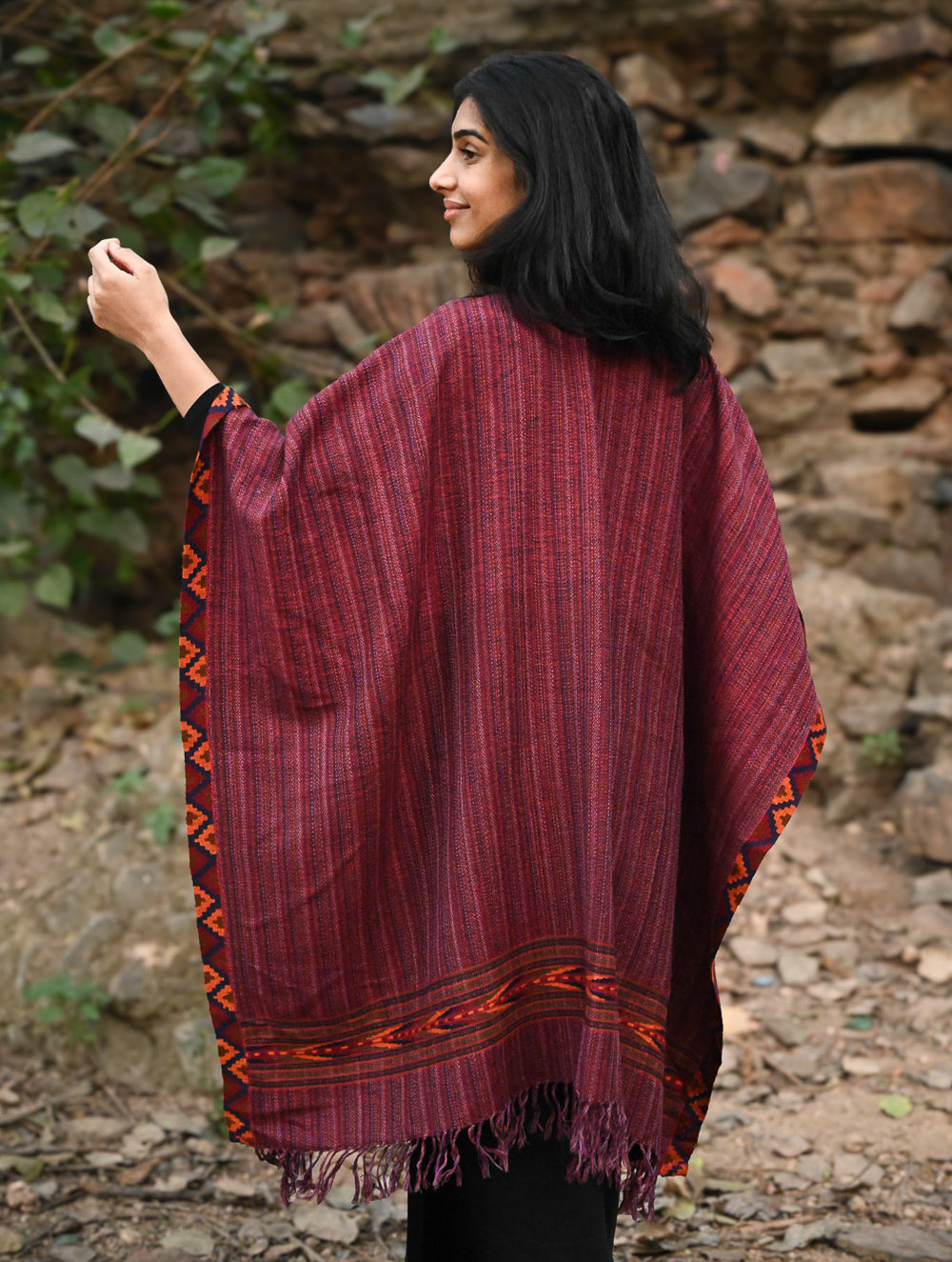 Exclusive Soft Himachal Wool Poncho with Woven Border - Winewood Stripes