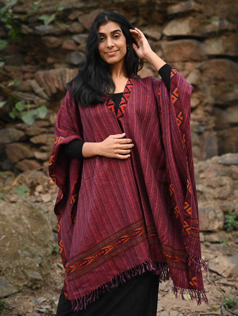 Exclusive Soft Himachal Wool Poncho with Woven Border - Winewood Stripes