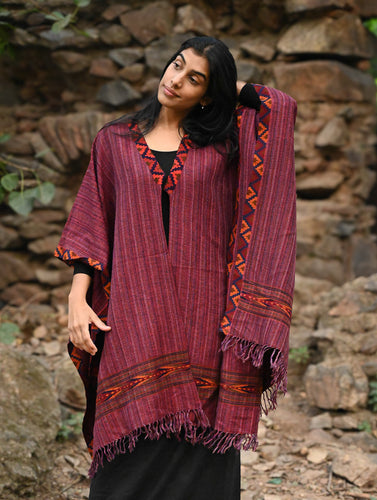 Exclusive Soft Himachal Wool Poncho with Woven Border - Winewood Stripes