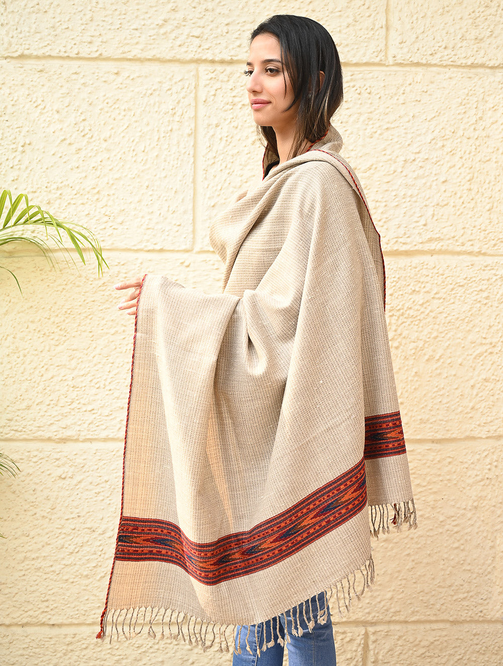 Load image into Gallery viewer, Exclusive Soft Himachal Wool Shawl with Woven Border - Almond Trail