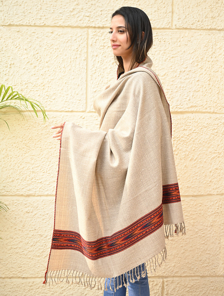 Exclusive Soft Himachal Wool Shawl with Woven Border - Almond Trail