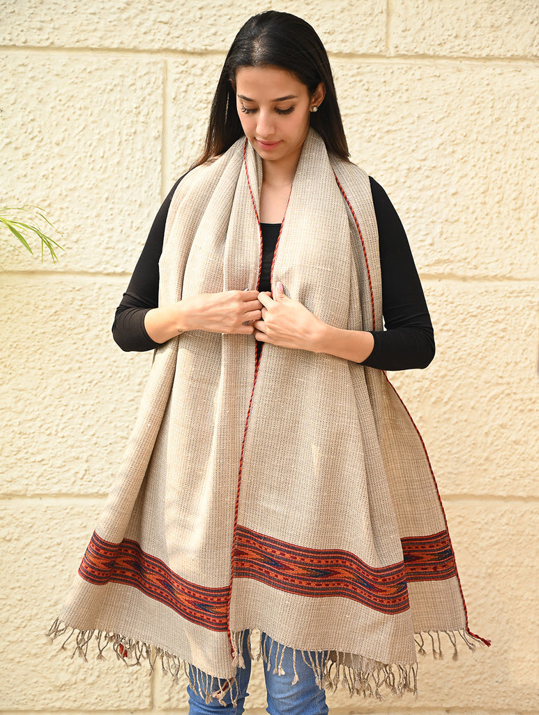 Exclusive Soft Himachal Wool Shawl with Woven Border - Almond Trail