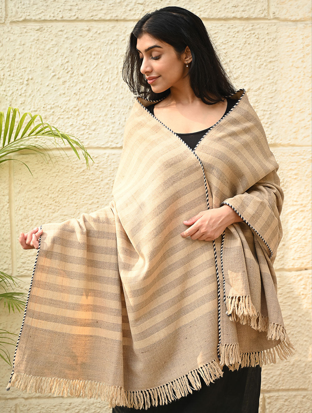 Load image into Gallery viewer, Exclusive Soft Himachal Wool Shawl with Woven Border - Baked Cream