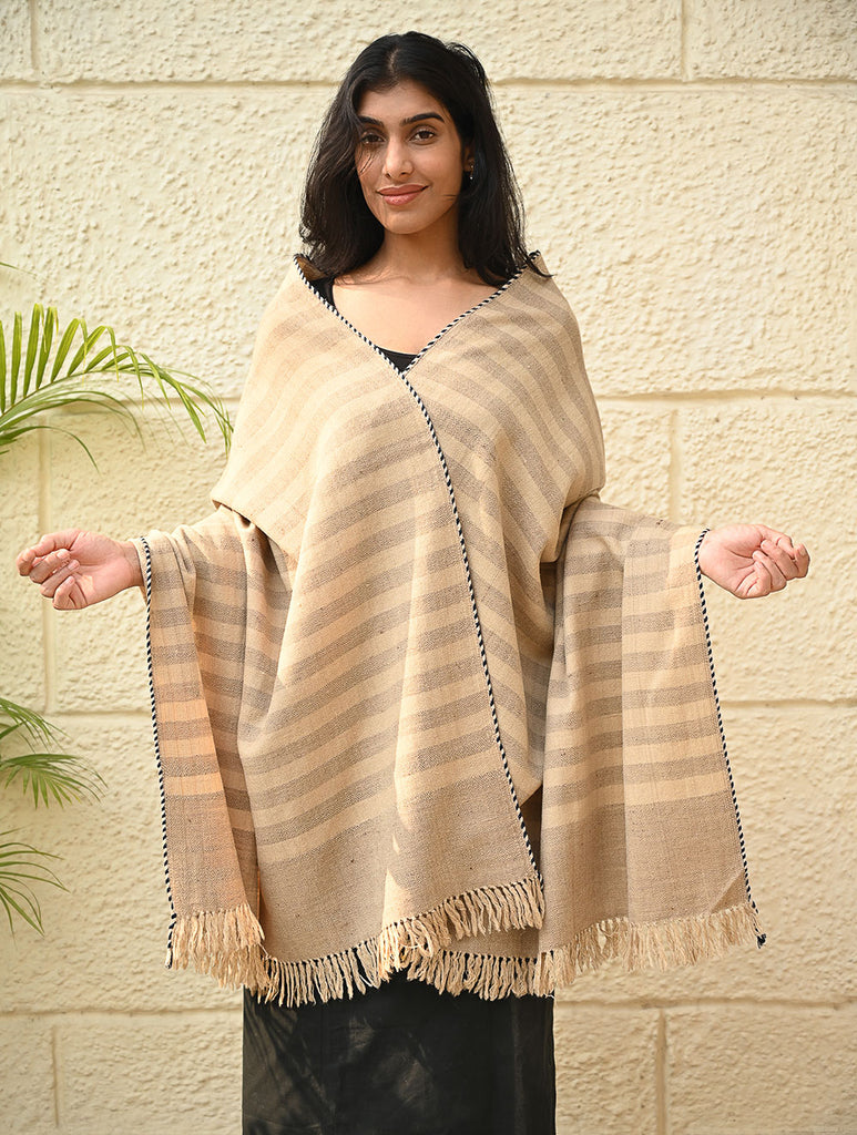 Exclusive Soft Himachal Wool Shawl with Woven Border - Baked Cream