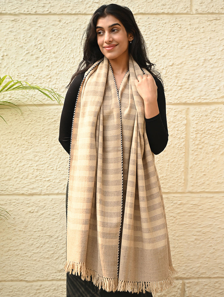 Exclusive Soft Himachal Wool Shawl with Woven Border - Baked Cream
