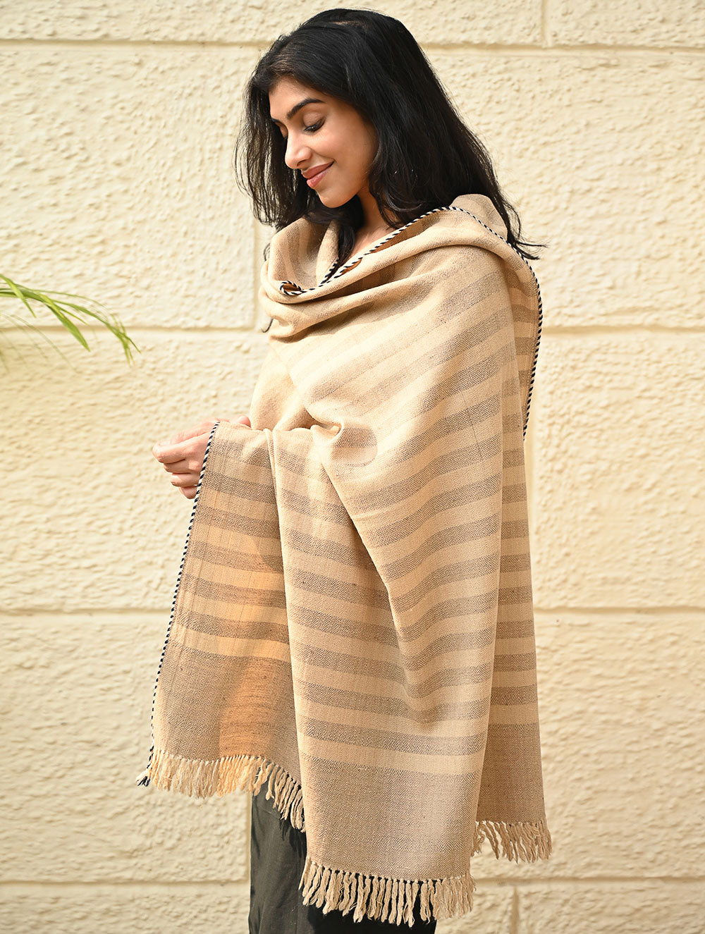 Exclusive Soft Himachal Wool Shawl with Woven Border - Baked Cream